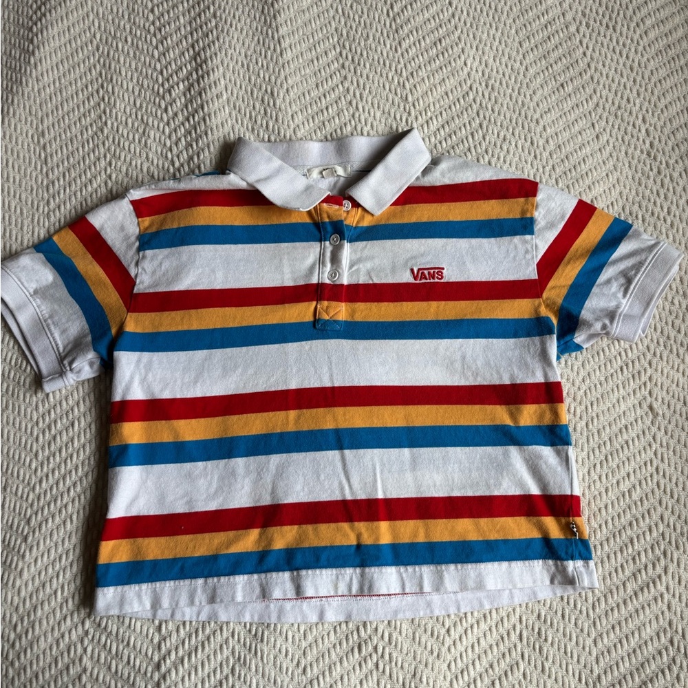 Vans Women’s Polo Cropped Shirt - White with Red, Yellow & Blue Stripes